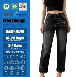 Custom Unisex Style Vintage Wash Distressed All Over Printing Rhinestone Diamonds Womens Straight Leg Jeans