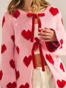 Custom Valentine Day Women’s Heart Sweetheart Tie Front Jacquard Acrylic Knit Formal Cardigan Sweater Oversized Loose