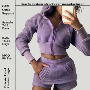Custom Vintage Acid Washed Gym Hoodie and Shorts Set Women’s Activewear Manufacturers Workout Skirts Set Tracksuits for Women