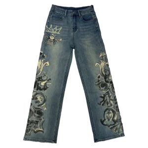 Custom Vintage Blue Washed Denim Pants for Ladies Straight High Waist with Printed Women’s Jeans Summer Collection OEM/ODM