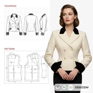 Custom Viscose Polyester Velvet Trim Pearl Button Double Breasted Sculptural Hourglass Silhouette Vintage Retro Women’s Blazer