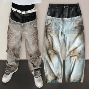 Custom Washed Double Waist Splicing Denim Jeans Pants Oversized Loose Distressed Wide Leg Streetwear Men’s Baggy Ripped Jeans