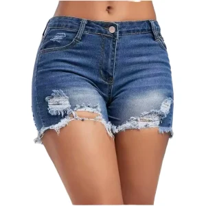 Custom Washed High Quality Stretch Elastic Ripped High Waist Cropped Women’s Denim Shorts