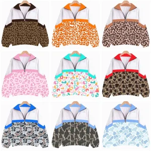 Custom Western Women Lightweight Windbreaker Jacket Half Zip Leopard Camo Color Block Women Kids Sporty Hoodies Pullover Jacket