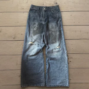 Custom Wide Leg High Waist Distressed Denim Jeans Vintage Dirty Wash Knee Rip Gothic Text Print Baggy Streetwear Pants Men