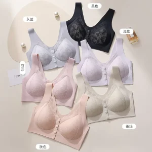 Custom Wireless Bra 6605# Front Open Button Solid Color Seamless Lace Underwear Comfortable Soft Push up Wire Free Women’s Bra