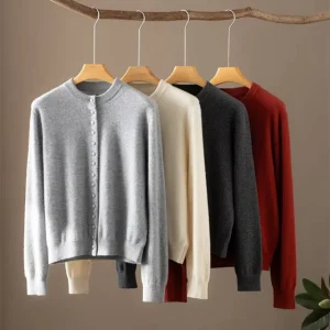 Custom Women 100% Cashmere Cardigan Top Soft Solid Long Sleeve Crew Neck Knitted Cardigan Sweater Mongolia Manufacture