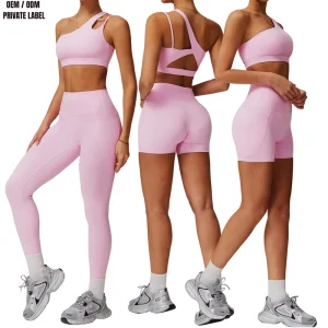 Custom Women 2 Piece Plus Size Activewear Leggings Set One Shoulder Sports Crop High Waisted Pocket Tights Bike Shorts Four Way
