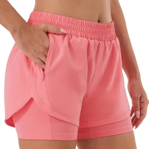 Custom Women Breathable Gym Tennis Biker Shorts with Liner High Waist Zipper Pockets 2 in 1 Yoga Shorts Active Running Shorts
