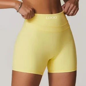 Custom Women Bright Yellow High Waist Sportswear Anti See Through Workout Biker Shorts 4Way Stretch Breathable Yoga Shorts