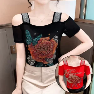 Custom Women Butterfly Rhinestone Sexy Off Shoulder Shiny Sequined Tee Tops Nightclub Short Sleeve Shirts Party T shirt
