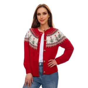 Custom Women Cardigan Sweater Europe And America O neck Jacquard Xmas Sweater Knit Christmas Sweater