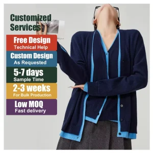 Custom Women Cardigan Sweater Navy Blue Two Piece Contrast Trim Knitwear V Neck Jumper Knit Vest Jacket Women’s Sweater Set