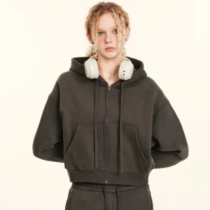 Custom Women Fleece Hoodies Casual Oversized Tops Raw Hem Jacket Cropped Zip up Hoodies for Women Girls