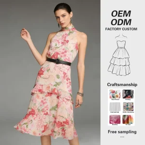 Custom Women Floral Chiffon Dress Stand Collar Sleeveless Belted Bow Tie Layered Print Floor Length Vacation Wear