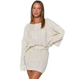 Custom Women Knit Sweater 100%Cotton Cable 2 Sets Pieces Solid Color Crew Neck Spring High Quality Knitwear OEM
