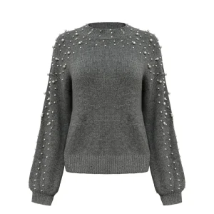 Custom Women Spring Autumn Women’s Knitwear Loose Knit Bead Round Neck Long Sleeve Gray Pullover Knit Sweater
