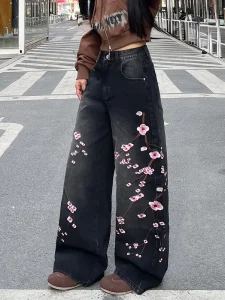 Custom Women Straight Jeans High Rise Medium Wash Casual Denim Streetwear Autumn Winter Plum Blossom Trendy