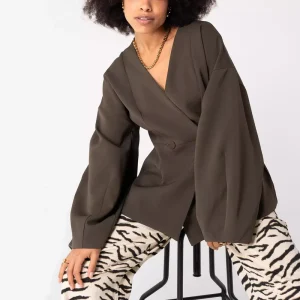 Custom Women V-Neck Double Breasted Blazer Relaxed Sleeve Loose Fit Casual Office Jacket OEM ODM Factory Formal Coat