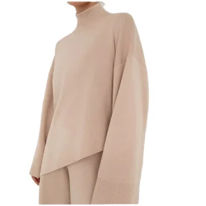Custom Women Winter Long Loose Flat Knit Asymmetric Turtleneck Sweater Two Piece Wide Leg Pants Set