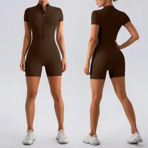 Custom Women’s 1/4 Half Zip Short Sleeve Yoga Jumpsuit Naked Feeling High Stretch Sports Romper for Fitness Running Dance