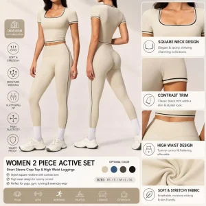 Custom Women’s 2 Piece Breathable Contrast Piping Yoga Sets Short Sleeve Crop Top High Waist Butt Lifting Leggings Activewear
