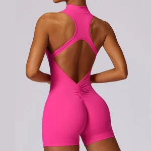 Custom Women’s Activewear One Piece Jumpsuit with Zipper Romper Bodysuit Scrunch Shorts for Yoga Sports Gym Playsuit
