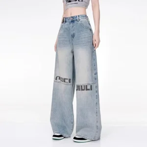 Custom Women’s Baggy Denim Pants Mid Waist Light Wash Wide Leg Jeans with Letter Print Streetwear