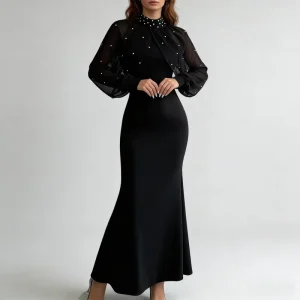 Custom Women’s Black Pearl-Embellished High Neck Lantern Sleeve Mermaid Maxi Dress Elegant Formal Evening Party Gown