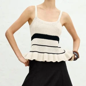 Custom Women’s Casual Black Striped Sleeveless Ruffled Hem Quick Dry Knit Camisole