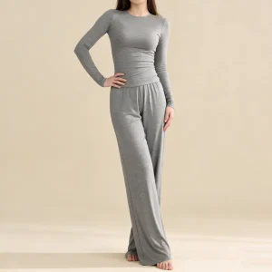Custom Womens Casual Set High Quality Bamboo Modal Lounge Wear Fitted Top with Loose Pants 2Pcs Women’s Pajamas