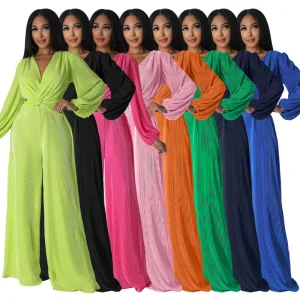Custom Women’s Casual Soild Color Long Puff Sleeves Romper Women Clothing V neck Elegant Loose Pant One Piece Jumpsuit