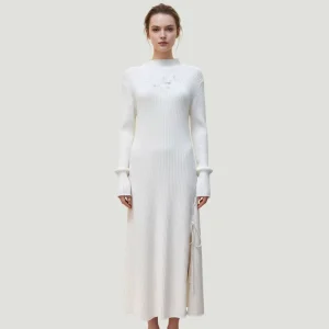 Custom Women’s Casual Solid Natural Simple Elegant Slimming Breathable Maxi Large Hem Sweater O Neck A Line Knitted Dress Autumn