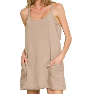 Custom Women’s Casual Spaghetti Strap Romper Dress with Pockets Loose Fit Solid Color Sleeveless Cami Dress Manufacturer
