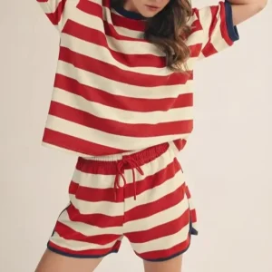 Custom Women’s Casual Striped Knit 100% Cotton Short Sleeve Crewneck Sweatshirt Knee Shorts Breathable Set