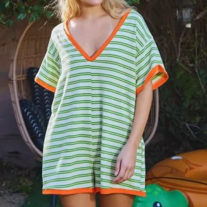 Custom Women’s Casual Striped Knit Romper V Neck Contrast Trim Short Sleeve Loose Fit Playsuit Manufacturer