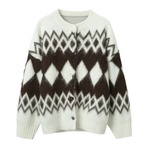 Custom Women’s Casual Vintage Argyle Pattern Mohair Knit Cardigan 7GG Standard Weight Knitted Pullover Winter Anti Pilling
