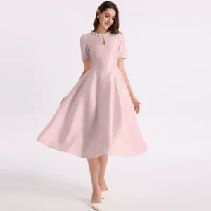 Custom Women’s Clothing French Elegant Nail Bead Decoration Round Neck A line Dress Waist cinching Big Swing Dress for Women