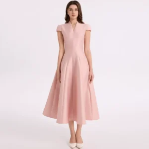 Custom Women’s Clothing French Elegant V neck High Waisted Short Sleeved Puffy Dress Slim Fit A line Large Swing Dress for Women
