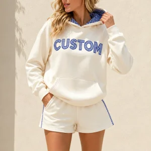 Custom Women’s Cotton 2 Piece Loungewear Set Hoodie and Shorts with Gingham Lined Hood and Contrast Plaid Letter Patch Embroidery