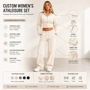 Custom Women’s Cropped Zip Hoodie Wide Leg Sweatpants Set Streetwear Soft Fleece Athleisure Lounge Tracksuit