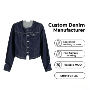 Custom Women’s Dark Blue Collarless Denim Jacket, Casual Single-Breasted Short Outerwear with Chest Pocket, OEM ODM Service