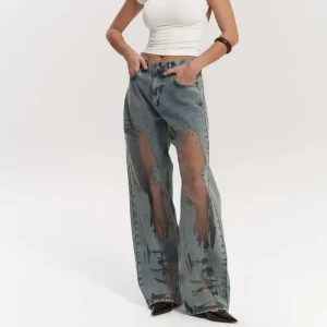 Custom Women’s Dark Straight Washed Denim Mid Waist Button Zippers Breathable Organic Cotton Jeans OEM