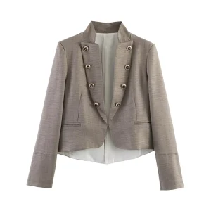 Custom Women’s Double Breasted Short Blazer Flap Pocket Button Detail Cropped Office Jacket OEM ODM by China Factory Coat