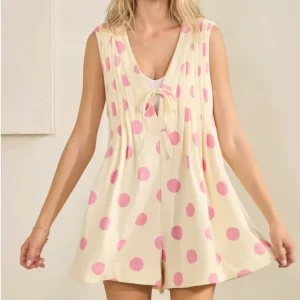 Custom Women’s Easy Flow Polka Dot Sleeveless V Neck Pleated Sweet Style Romper Casual Loose Fit Summer Jumpsuit