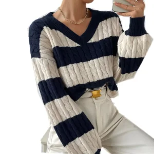 Custom Women’s Fashion Two Tone Women Sweater Long Sleeve Crew Neck Striped Color Block Cable Knit Drop Shoulder Sweater
