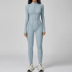 Custom Women’s Gym Fitness Jumpsuit One Piece Zippered Front Yoga Bodysuit Breathable Workout Romper