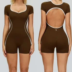 Custom Women’s Gym Jumpsuit Short Sleeve Backless Contrast Trim One Piece Yoga Bodysuits Fitness Romper