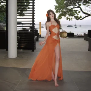 Custom Women’s Halter Cutout High Slit Maxi Dress Breathable Chiffon Resort Wear Summer Beach Dress