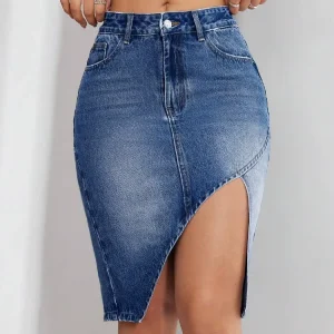 Custom Women’s High Waist Asymmetric Bodycon Denim Midi Skirt Ripped Cut Edge Hem Featuring Pockets Button Casual Autumn